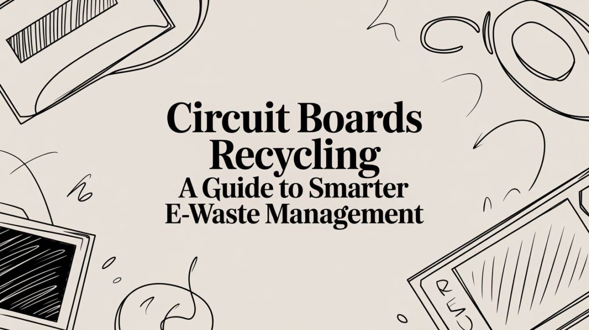 Circuit boards recycling graphic with text "Circuit Boards Recycling: A Guide to Smarter E-Waste Management," surrounded by illustrations of electronic devices, emphasizing sustainable e-waste management practices.