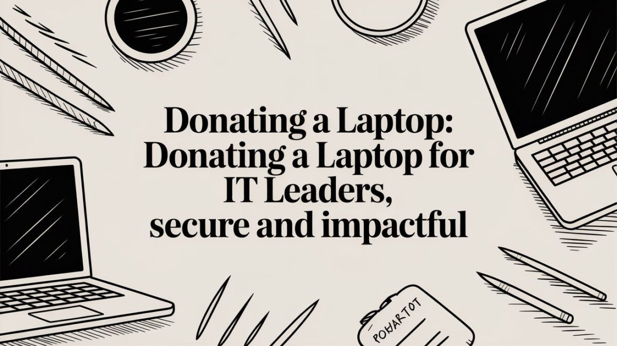 Donating a laptop for IT leaders, emphasizing secure and impactful IT asset disposition with corporate laptops, surrounded by office supplies.