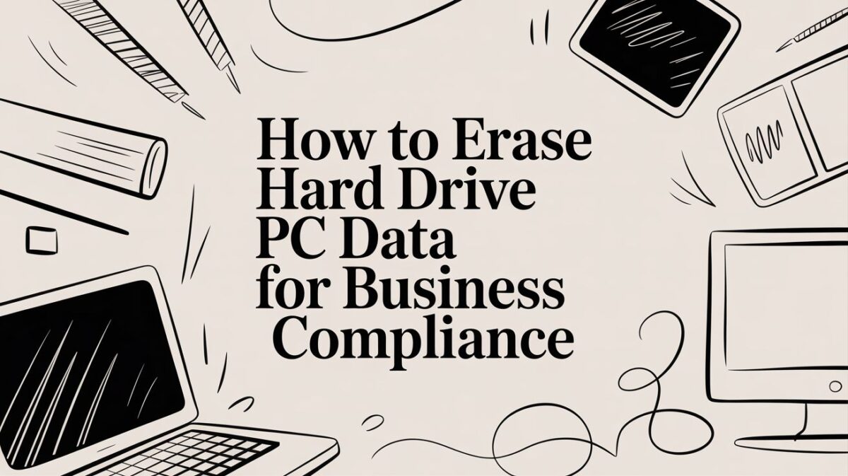 How to erase hard drive PC data for business compliance, illustrated with a laptop and office supplies, emphasizing secure data disposal.