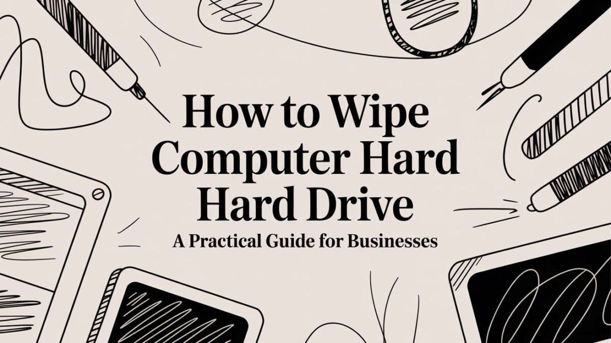 How to wipe computer hard drive title card with practical guide for businesses, illustrated with sketches of laptops and pens.