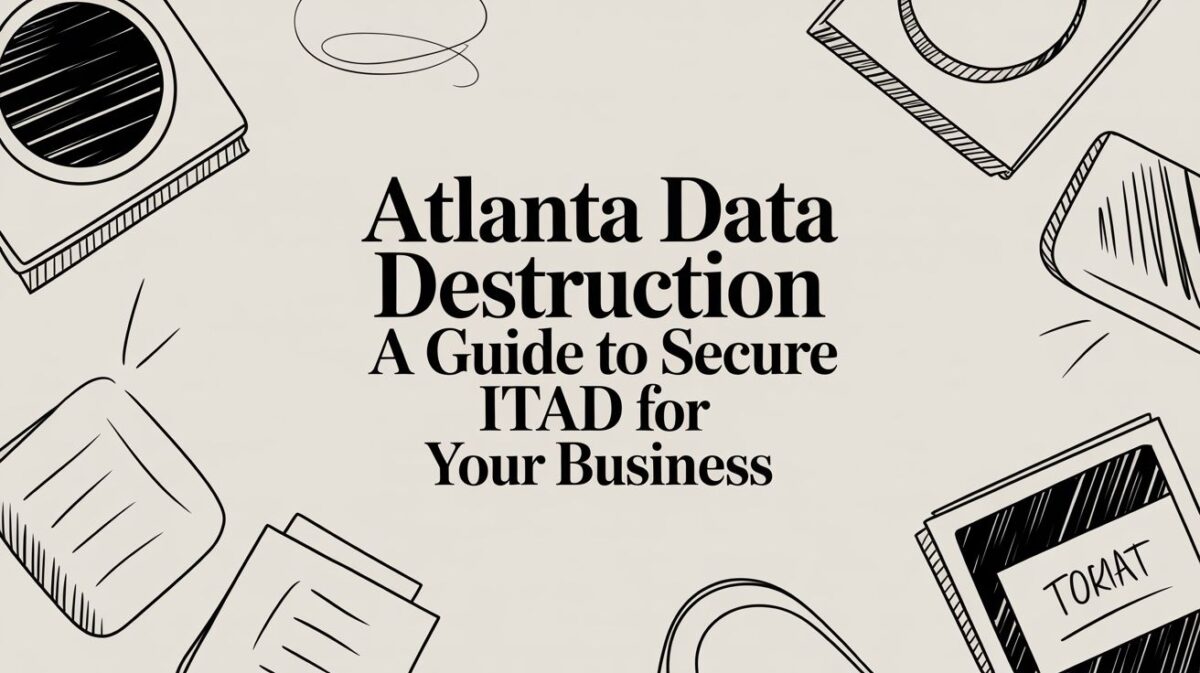 atlanta-data-destruction-secure-itadjpg - Atlanta Computer Recycling 770-740-6640 B2B Services Atlanta Data Destruction guide featuring secure ITAD practices, illustrated with various tech devices and emphasizing data security for businesses.