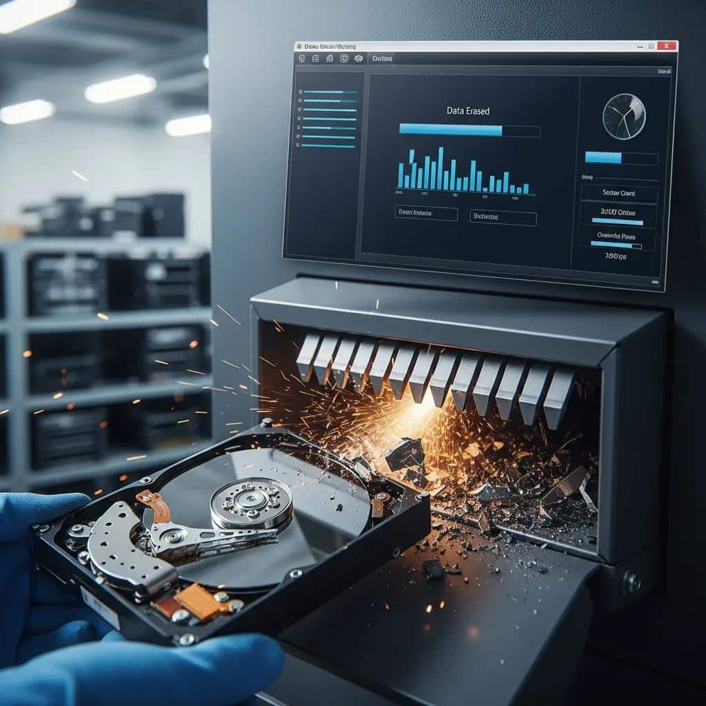 Close-up of hard drive destruction and data wiping software, showcasing secure data destruction methods for electronics