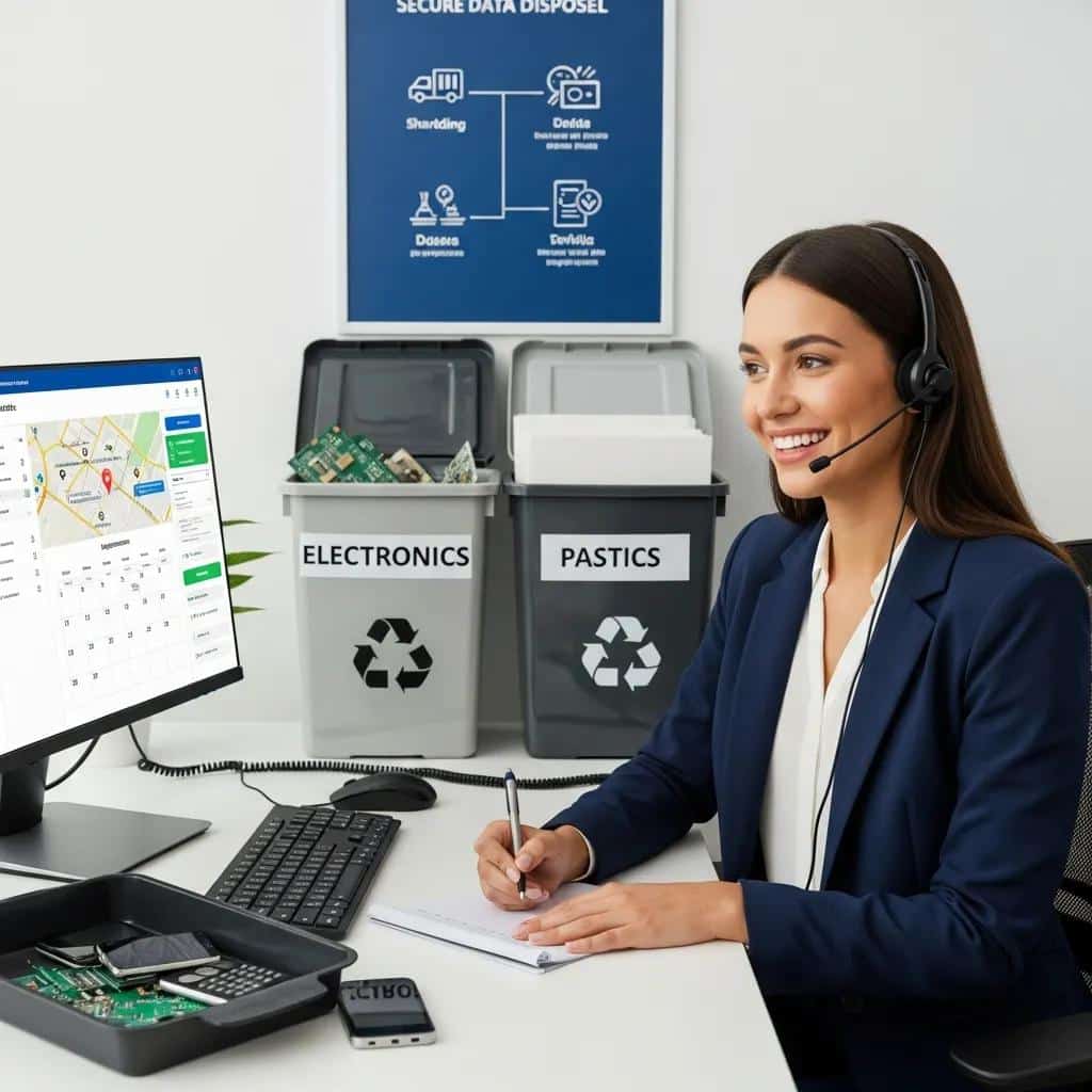Customer service representative assisting with electronic waste pickup scheduling in an office environment