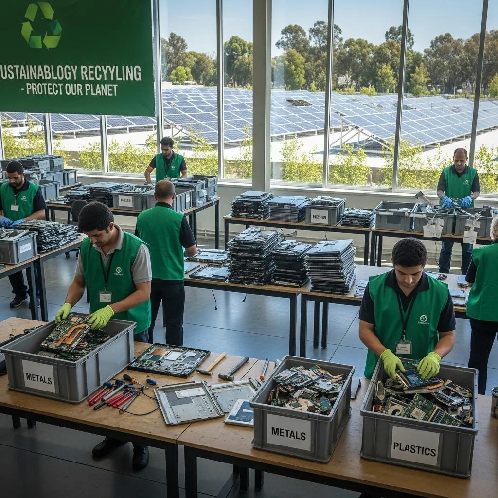 Eco-friendly laptop recycling practices with workers sorting materials in a sustainable environment