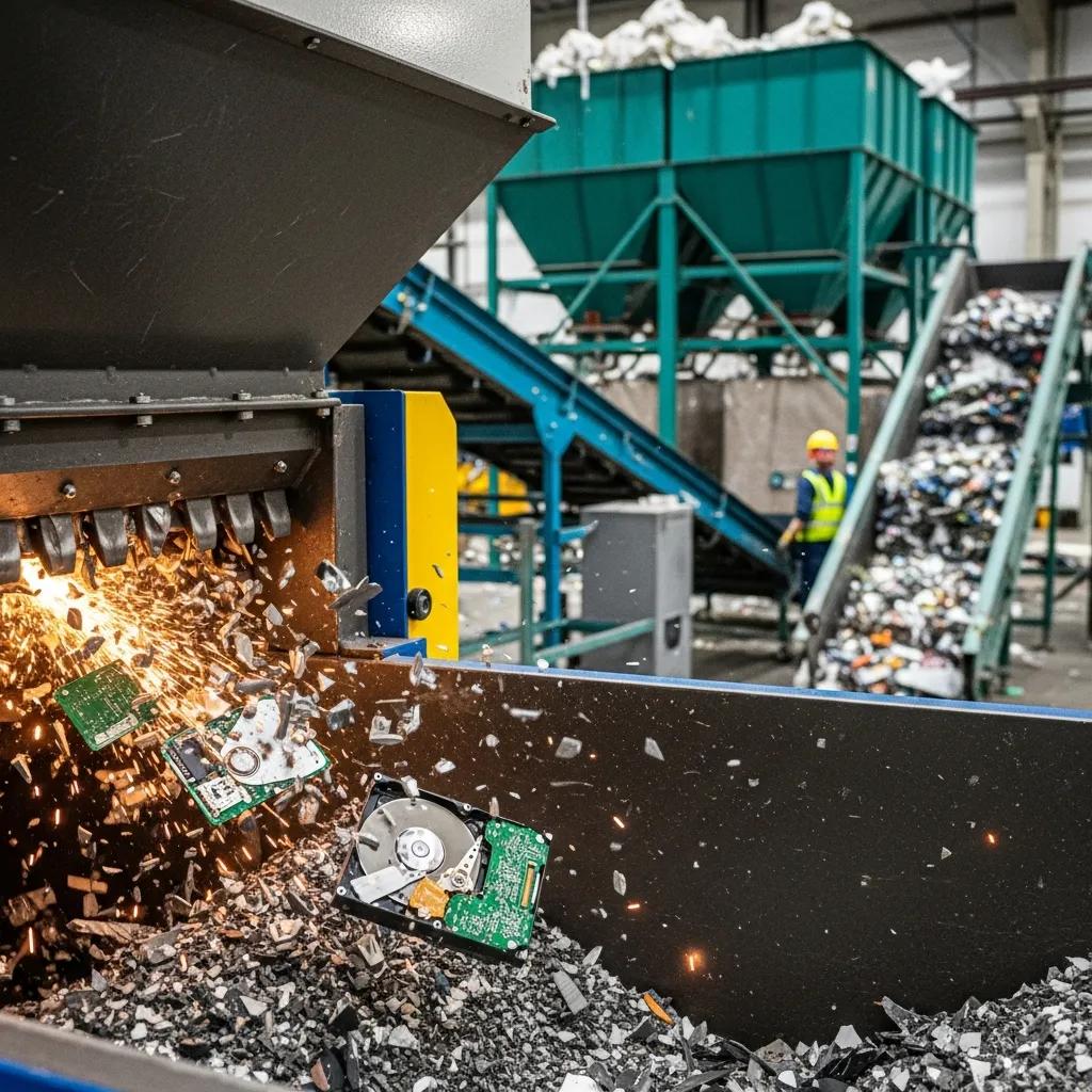 Hard drive being shredded in a recycling facility, highlighting data security and environmental responsibility