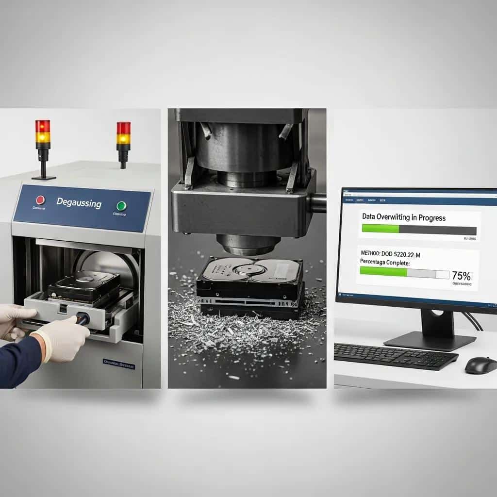 Illustration of certified data destruction methods including degaussing, physical destruction, and software overwriting