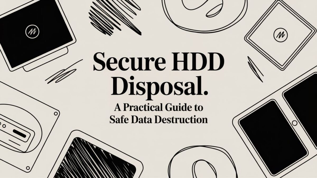Secure HDD disposal graphic featuring various hard drives and devices, emphasizing safe data destruction practices.