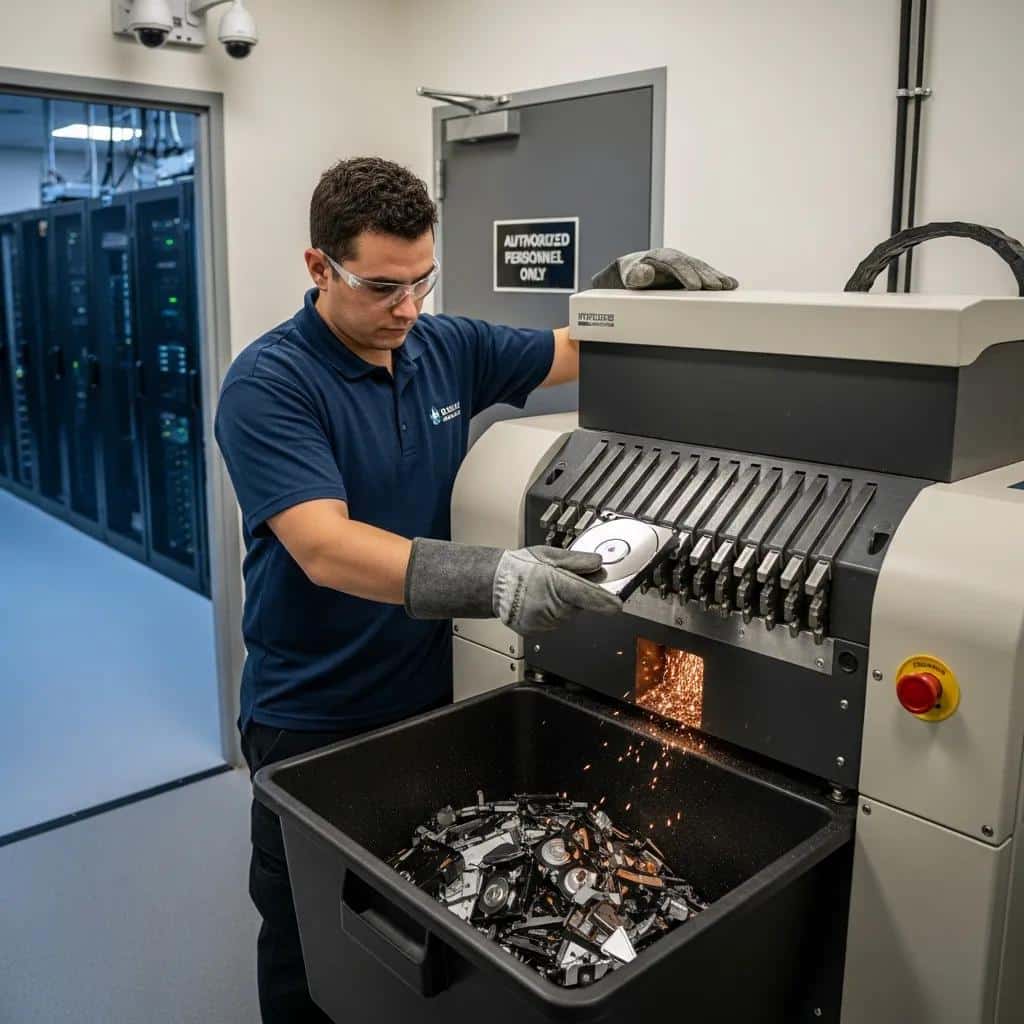 Technician operating a hard drive shredder for secure data destruction