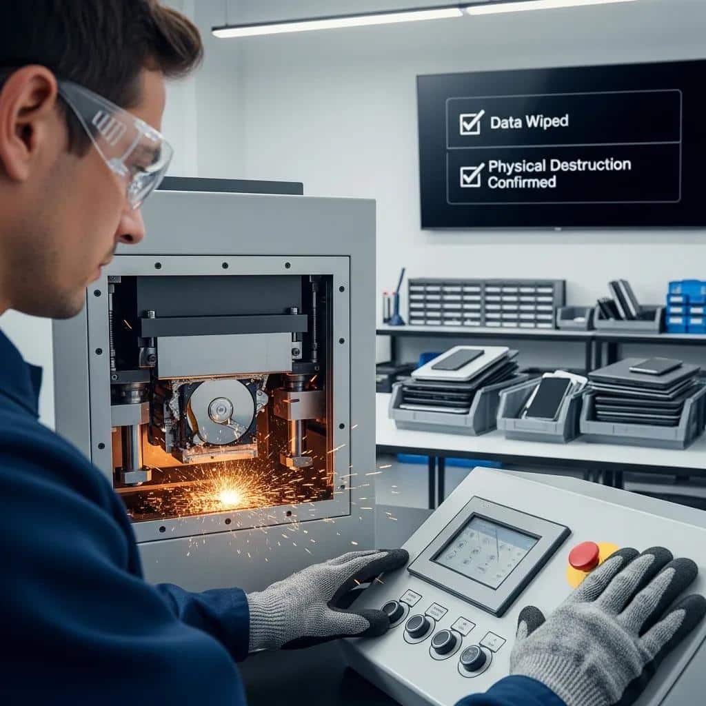 Technician performing secure data destruction on electronic devices