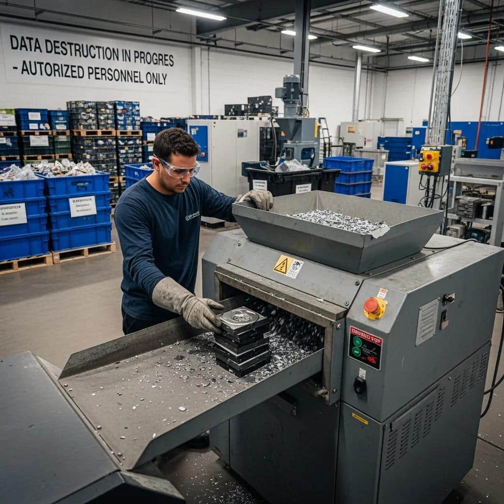 Technician shredding hard drives for secure data destruction in a recycling facility