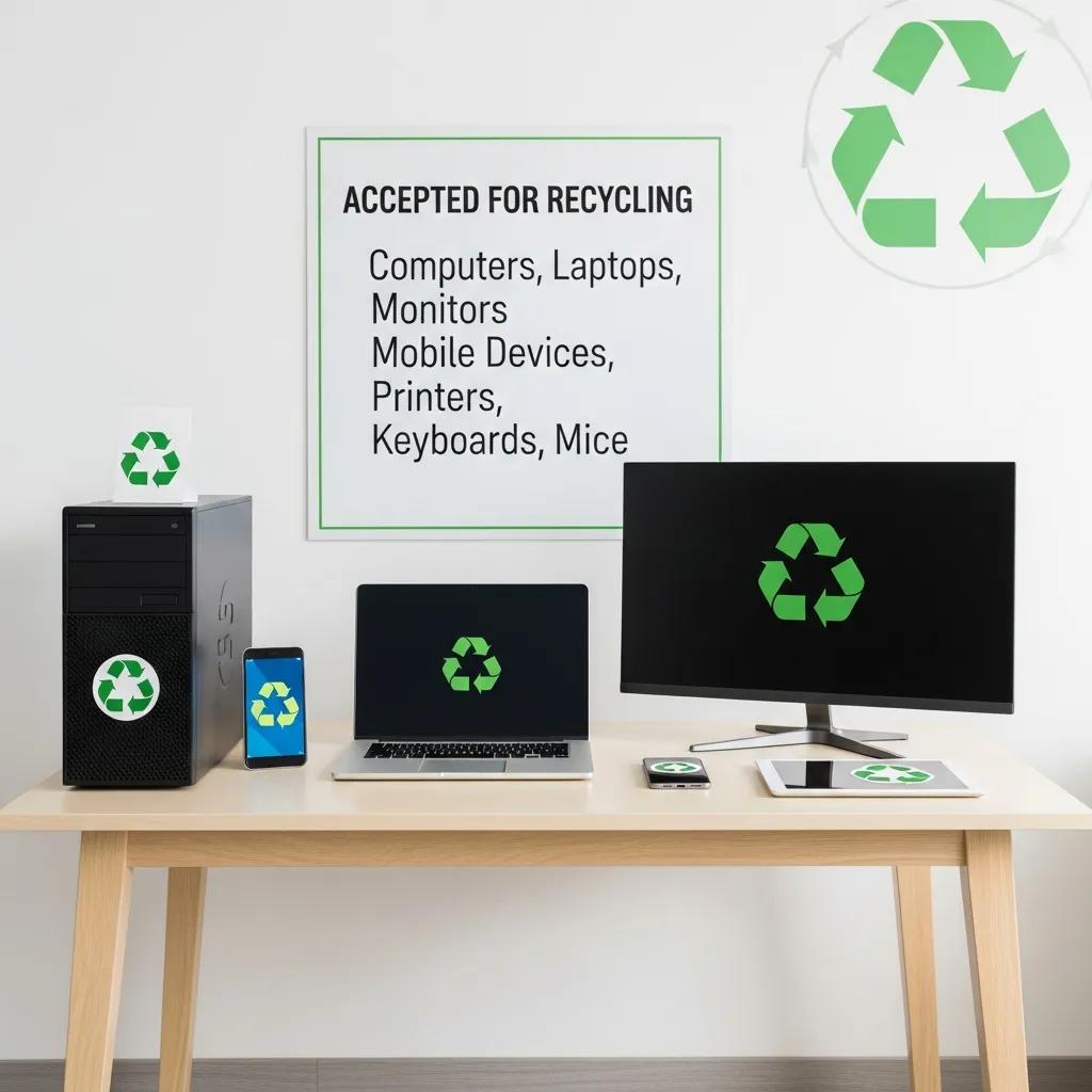 Variety of electronic devices including computers and mobile phones arranged for recycling, showcasing accepted items