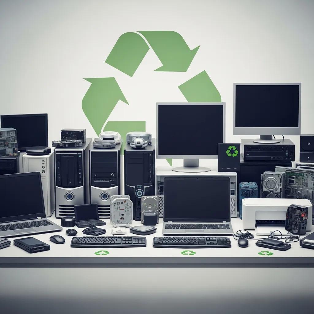 Variety of electronics including desktops, laptops, and monitors arranged for recycling, emphasizing e-waste disposal
