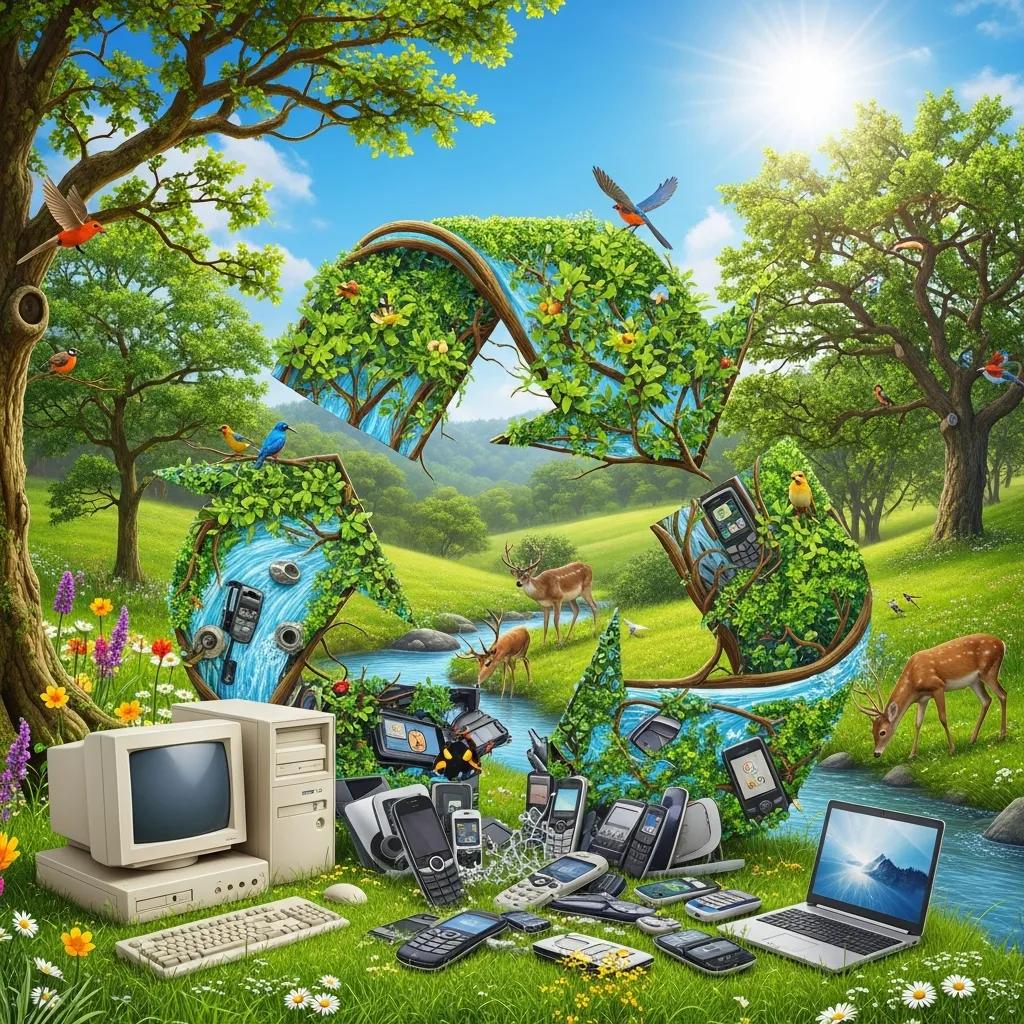Visual representation of environmental benefits from electronics recycling, featuring nature and recycling symbols