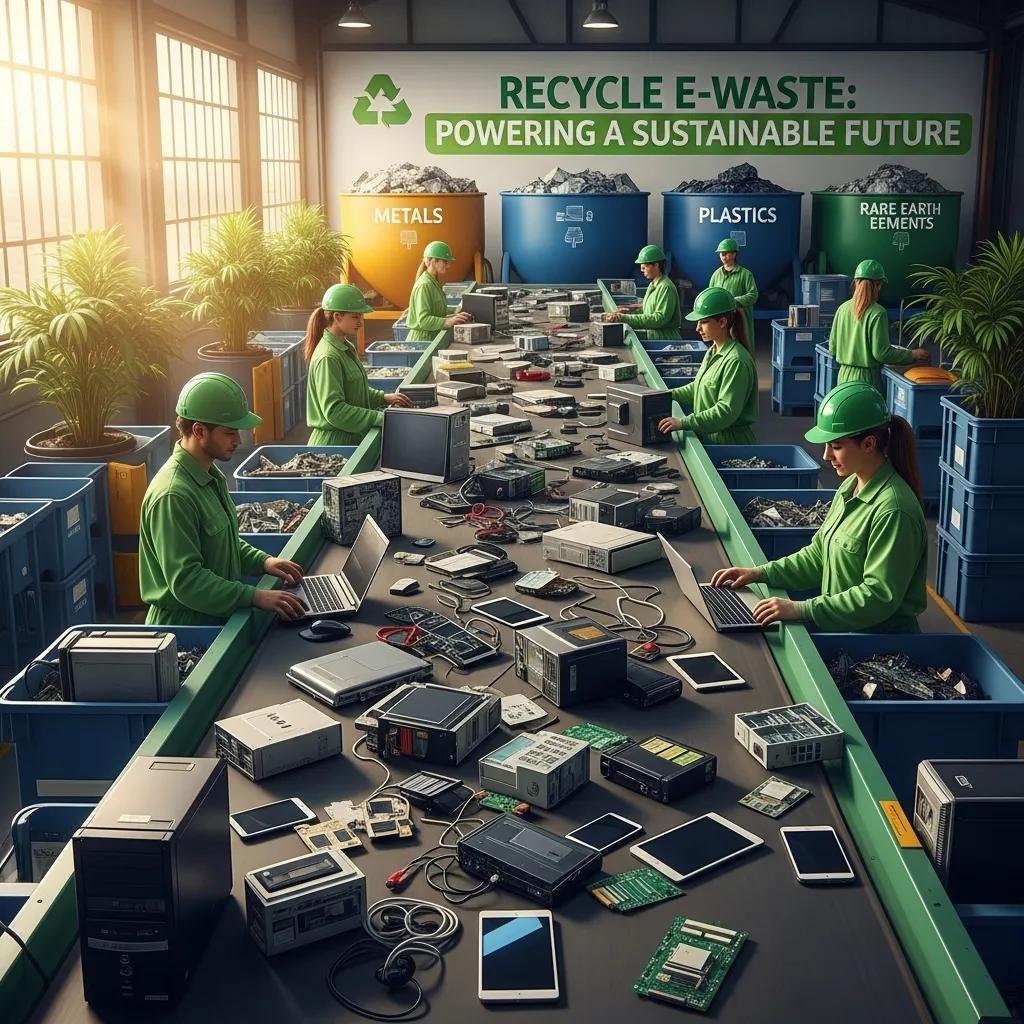 Workers sorting electronic waste in a recycling facility promoting environmental sustainability
