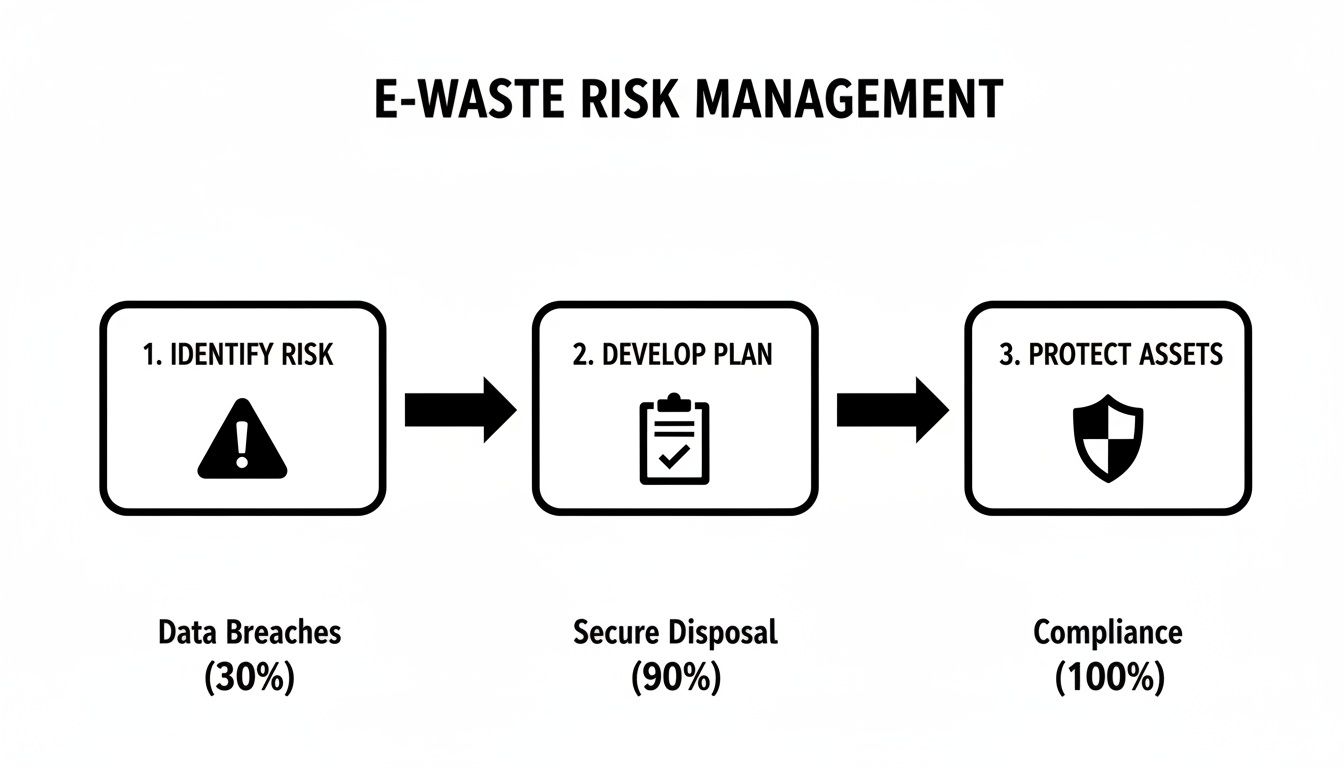 Diagram illustrating a three-step E-waste risk management process: identify, plan, and protect, with related percentages.