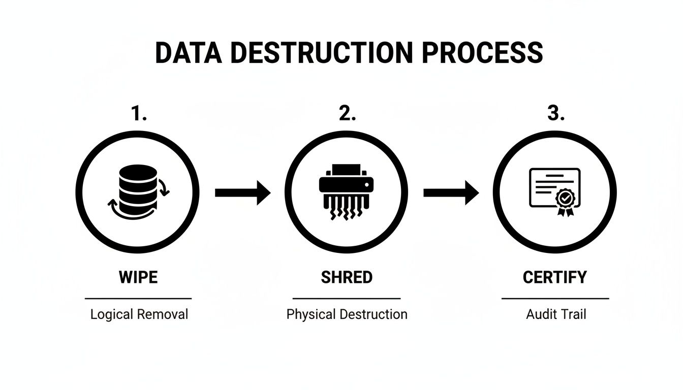 Data destruction process flow diagram showing three steps: wipe, shred, and certify with descriptions.