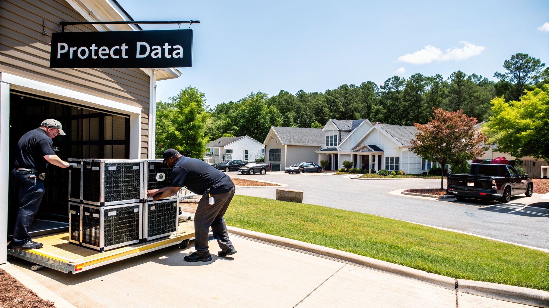 Two men move secure data containers into a building under a prominent 'Protect Data' sign.