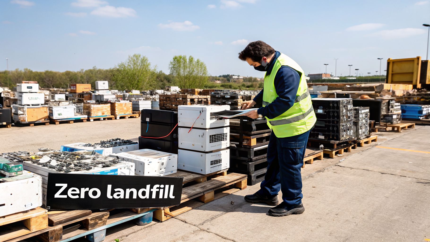 Recycling worker inspecting electronic devices at a facility aiming for zero landfill.