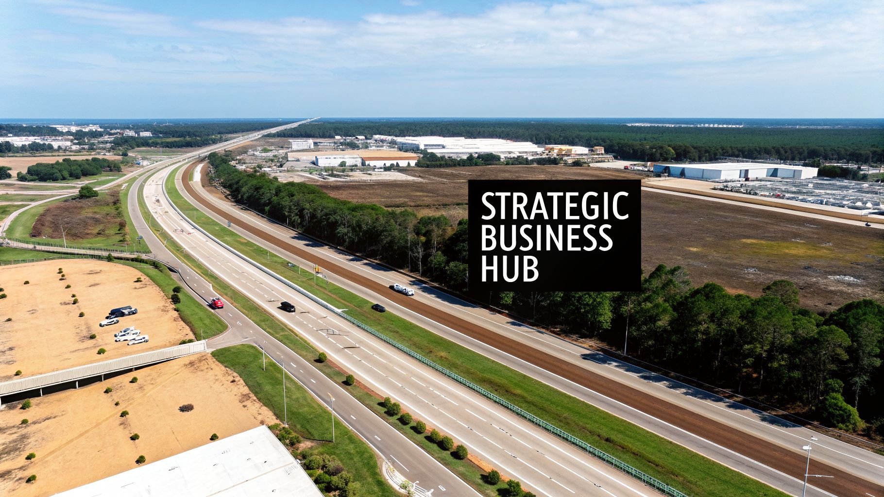 Aerial view of a multi-lane highway and commercial buildings, with a 'STRATEGIC BUSINESS HUB' overlay.