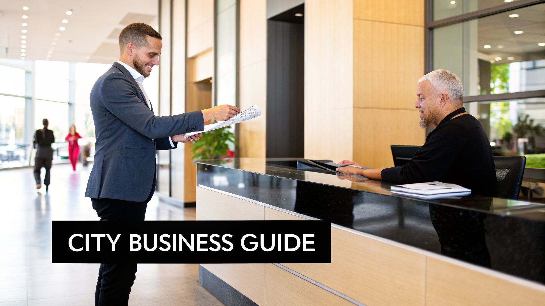 A businessman in a suit hands documents to a man at a modern reception desk, with "CITY BUSINESS GUIDE" overlay.