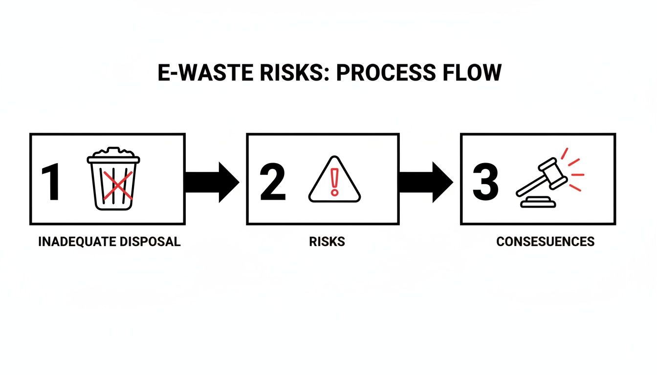 A three-step process flow illustrating e-waste risks: inadequate disposal, risks, and consequences with icons.