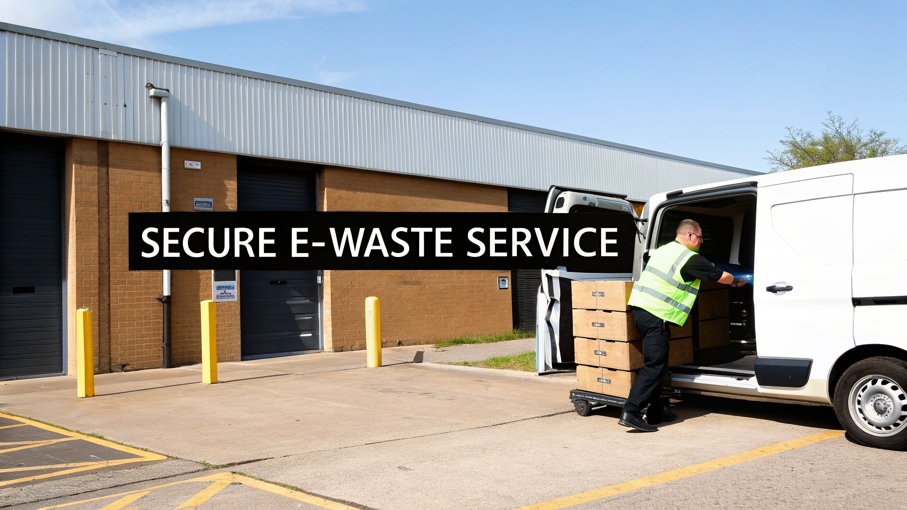 A man in a high-vis vest loading secure e-waste boxes into a white service van.