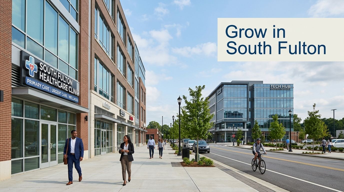 A vibrant street scene in South Fulton with modern buildings, a healthcare clinic, and a tech hub.