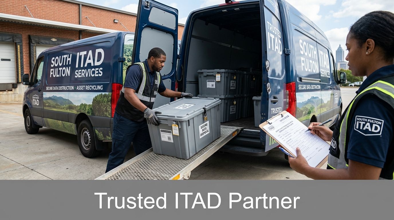 Workers load secure data disposal bins into a South Fulton ITAD services van while another checks a clipboard.