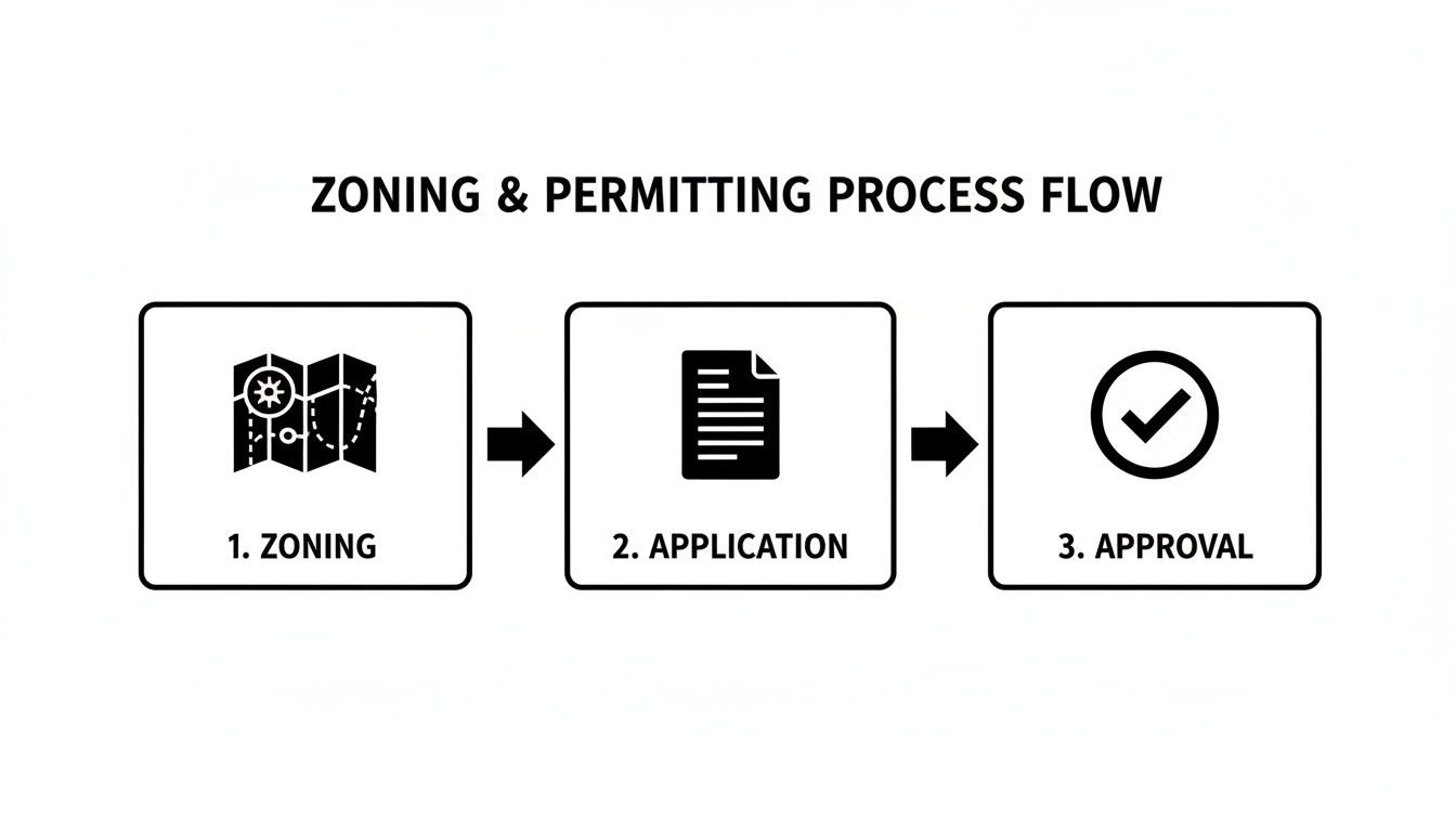 A process flow diagram illustrating three steps: 1. Zoning, 2. Application, and 3. Approval, with icons.
