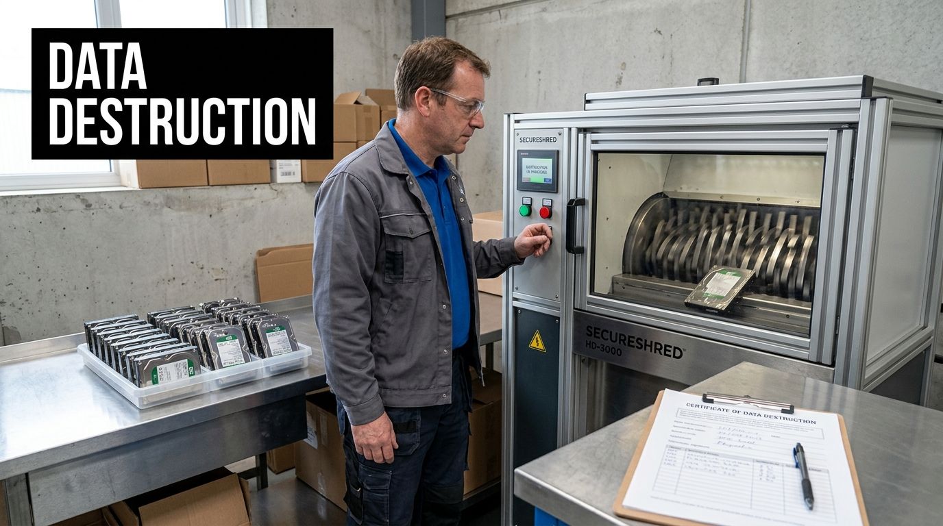 Man operates a data destruction machine, shredding hard drives for secure e-waste recycling.