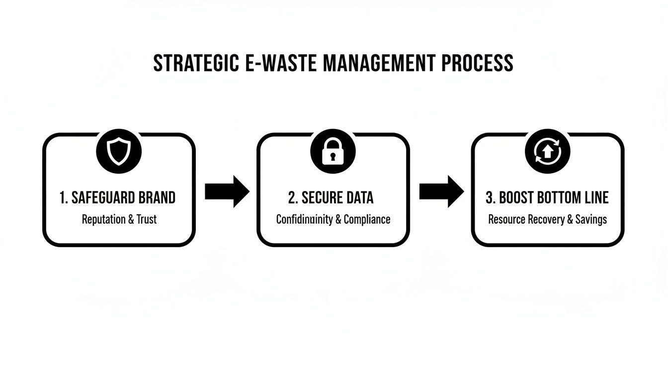 A diagram illustrating the strategic e-waste management process with three key steps: safeguard brand, secure data, and boost bottom line.