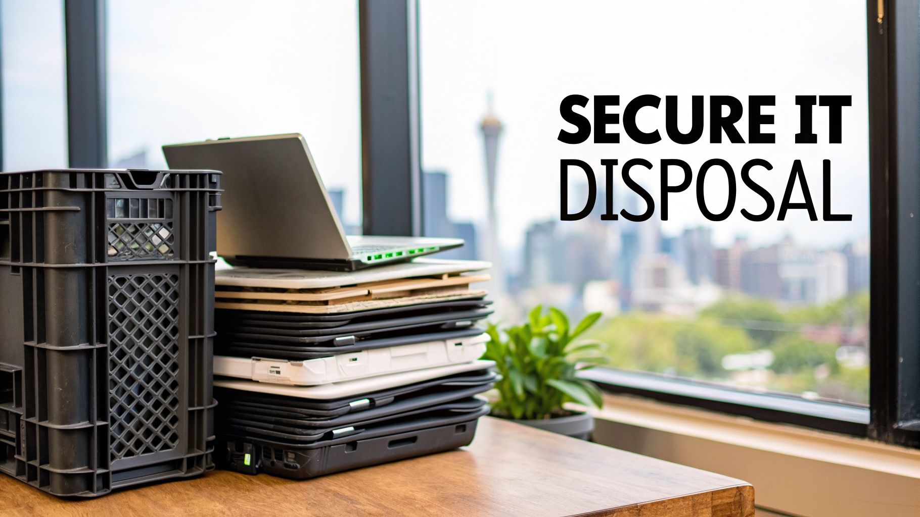 A stack of old laptops and a black crate on a wooden desk with text 'SECURE IT DISPOSAL' by a window.