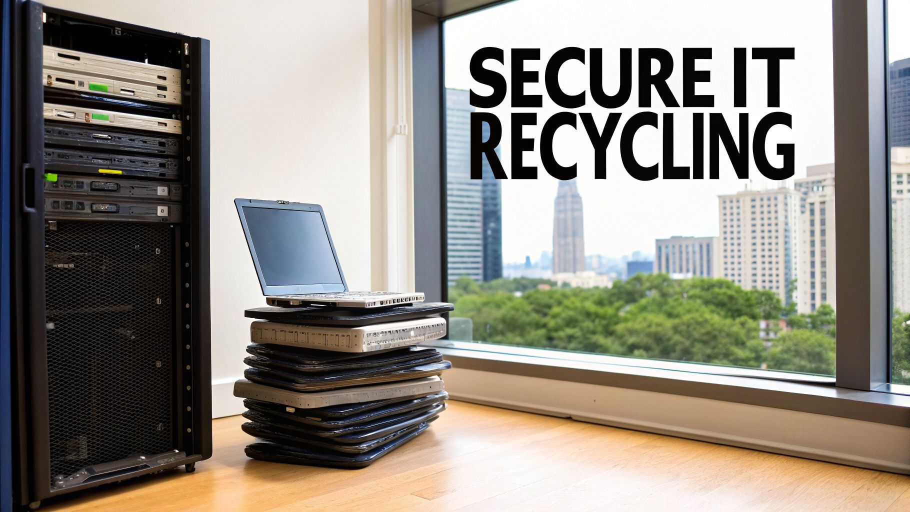 A server rack and a stack of old laptops with 'Secure IT Recycling' text in a window.
