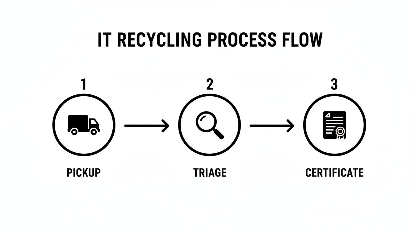 A flow chart illustrating the IT recycling process with steps: pickup, triage, and certificate.