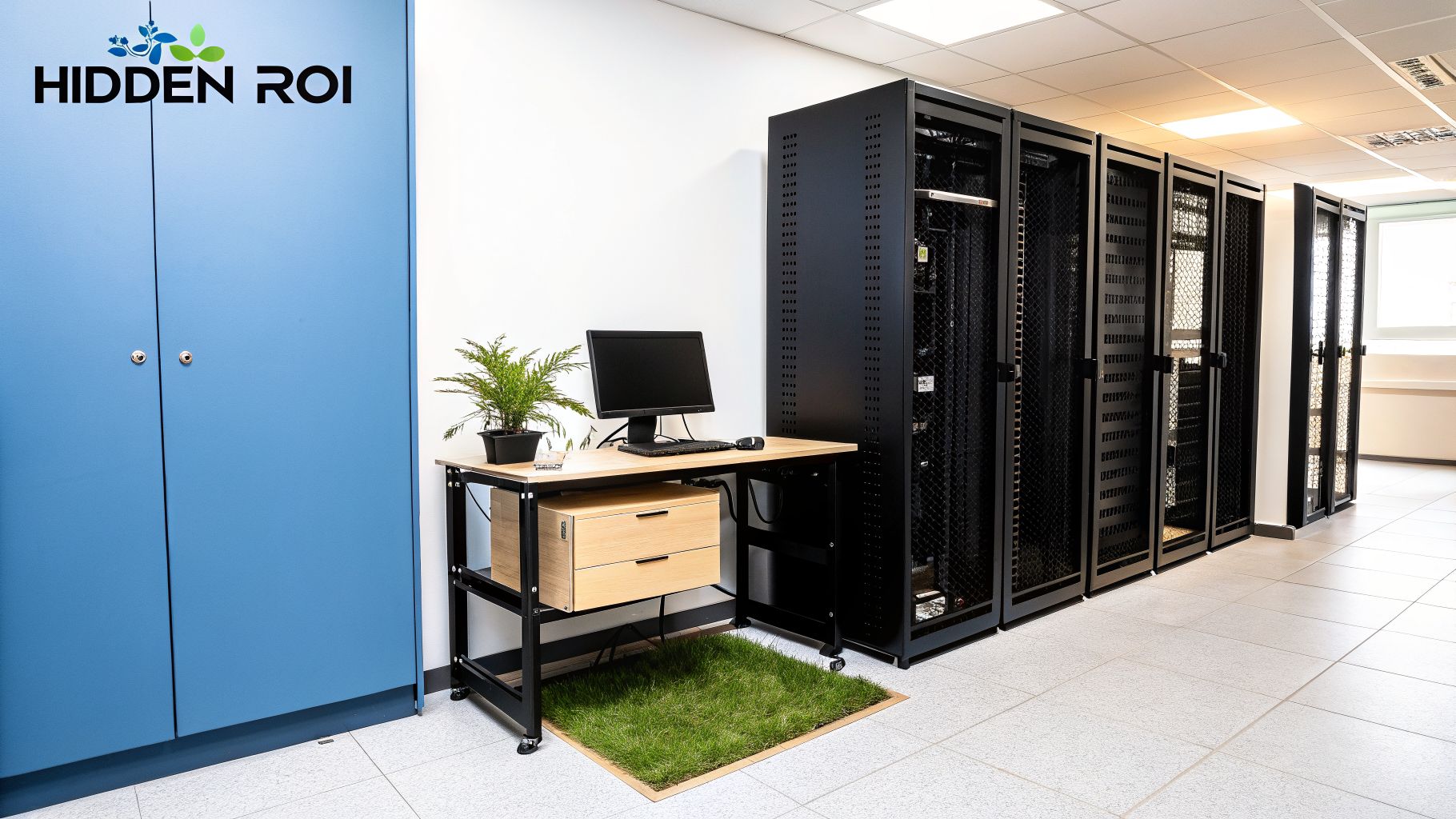 A clean server room featuring black server racks, a desk with a computer, and a potted plant.