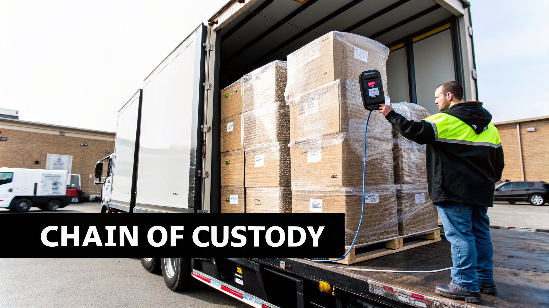 A worker scans packages on pallets inside an open truck, demonstrating a chain of custody process.