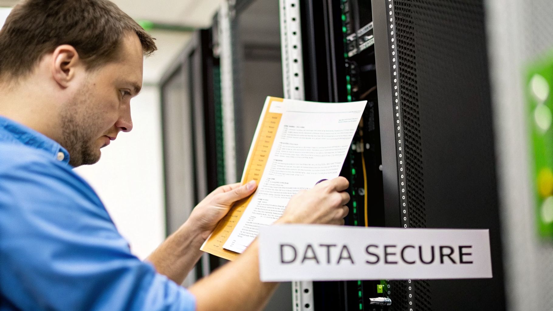 An IT professional reviews a document in a data center, with a 'DATA SECURE' sign visible.