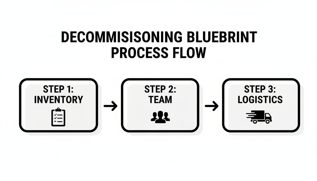 A decommissioning process flow diagram outlines three steps: inventory, team, and logistics with corresponding icons.