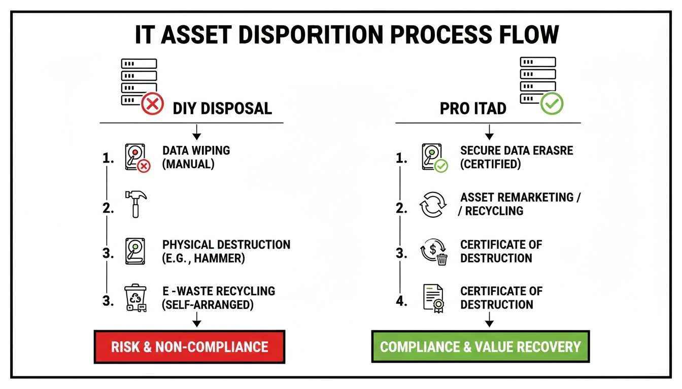 Infographic comparing DIY IT asset disposal risks with professional certified ITAD for compliance and value recovery.