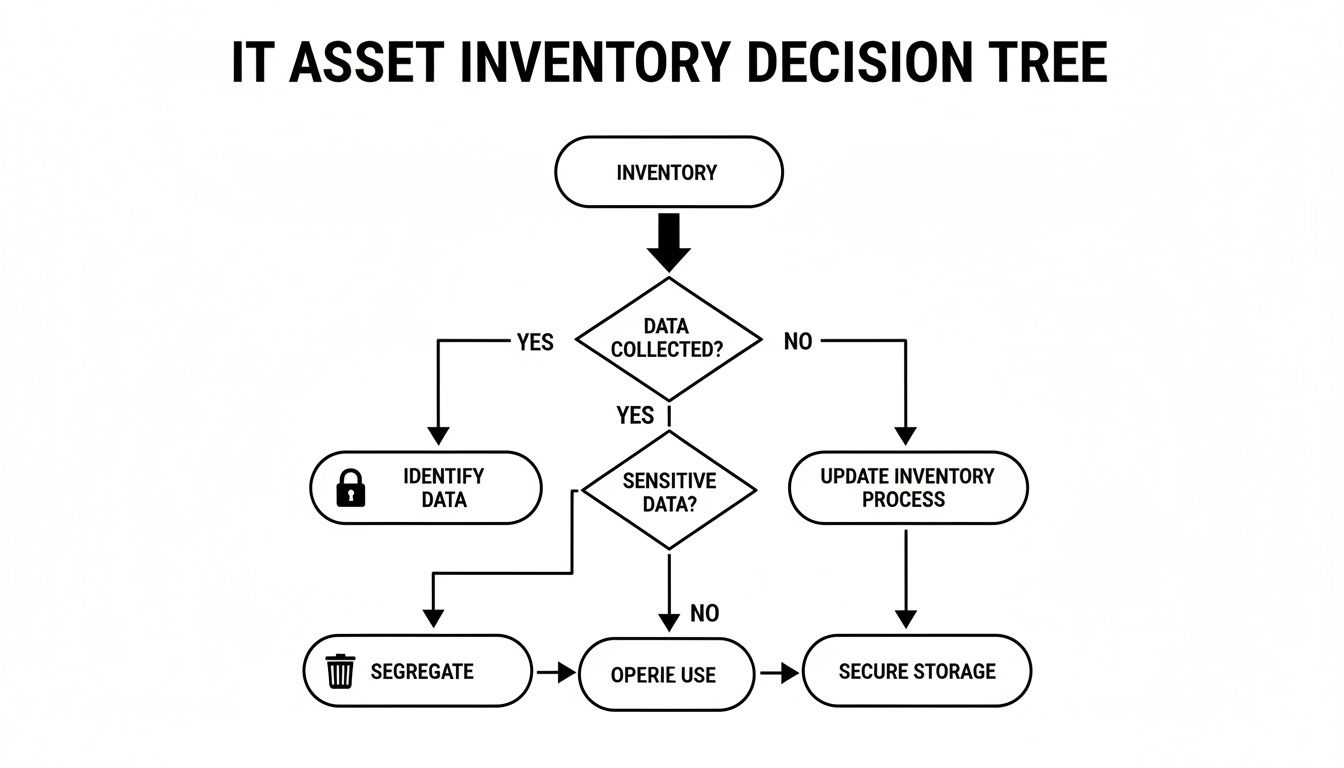 Flowchart illustrating an IT asset inventory decision process for data collection, sensitivity, and secure storage.