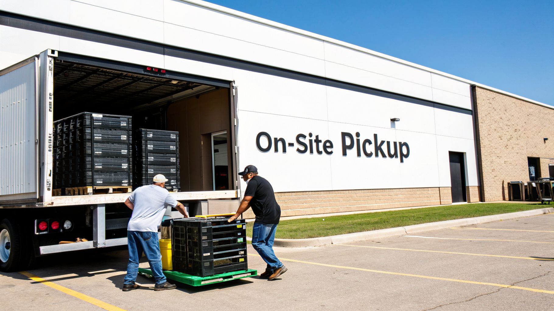 Two men load black crates onto a semi-trailer truck at an 'On-Site Pickup' facility.