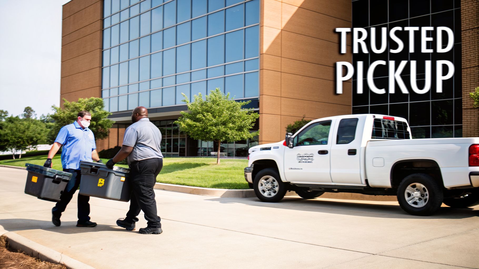 Two men carrying large bins for pickup next to a white truck and building, with 'TRUSTED PICKUP' text.