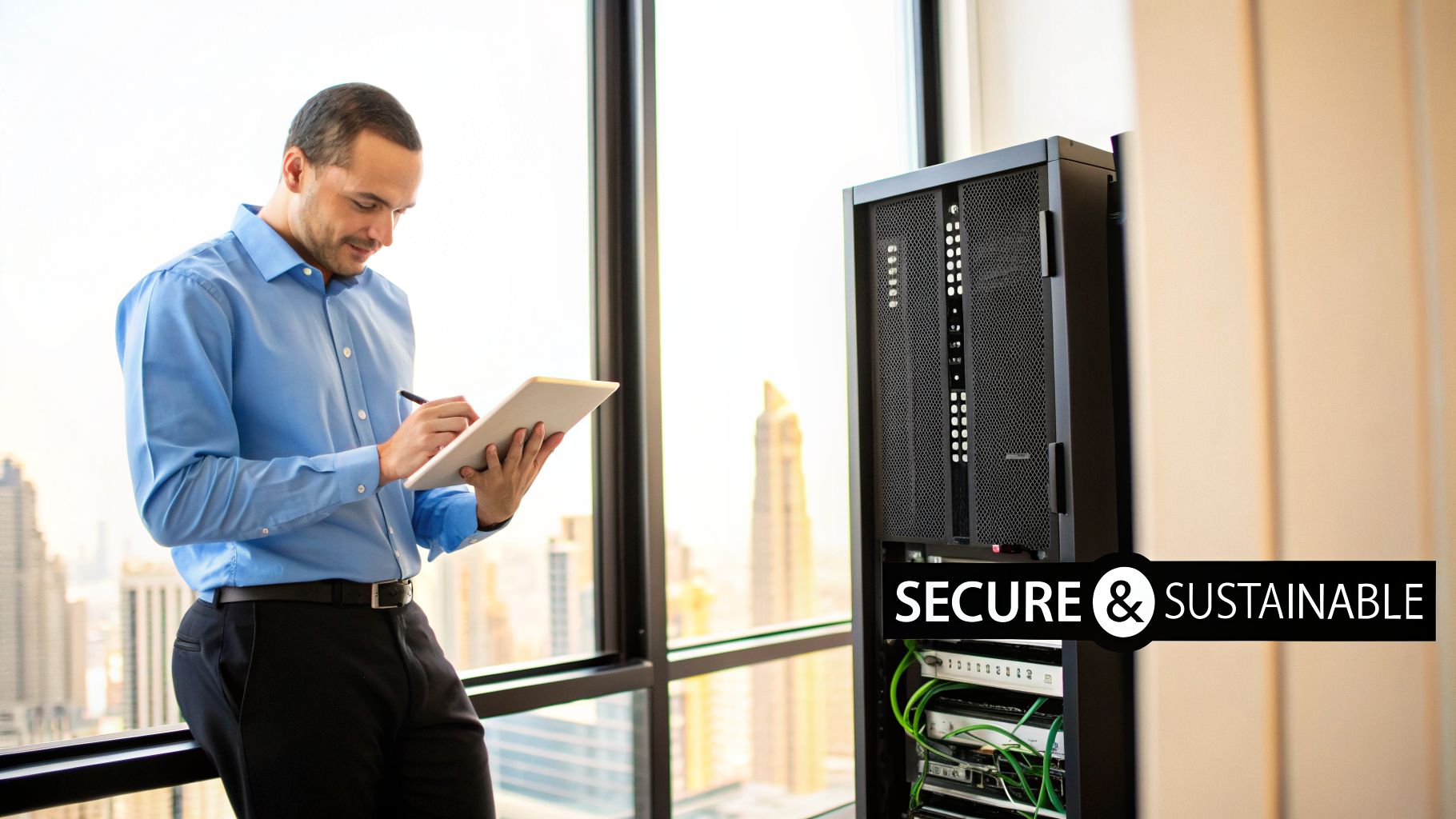 A man in a blue shirt reviews data on a tablet next to a server rack, with a city skyline visible.