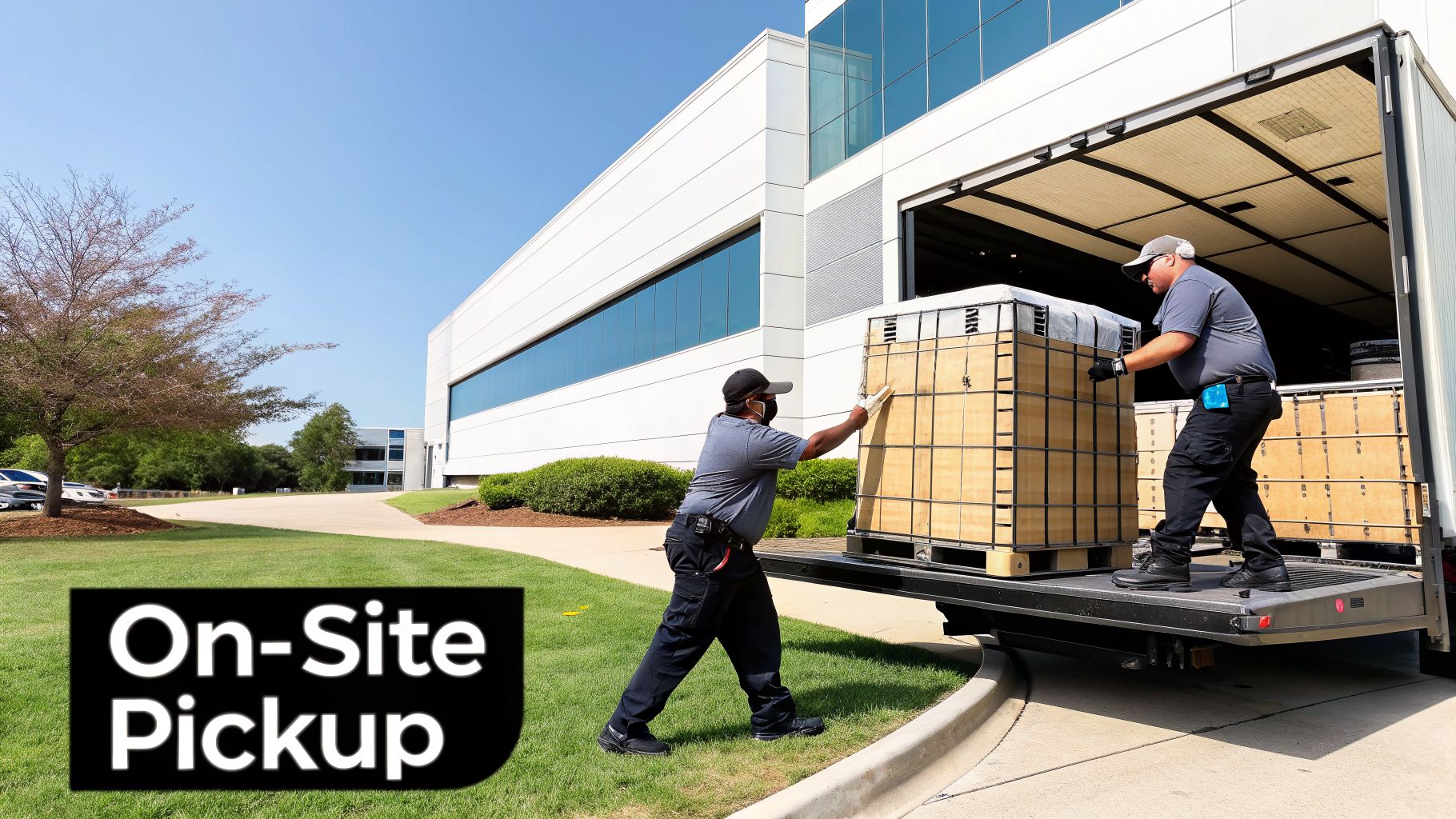 Two workers loading large wooden crates onto a truck with a liftgate for on-site pickup.