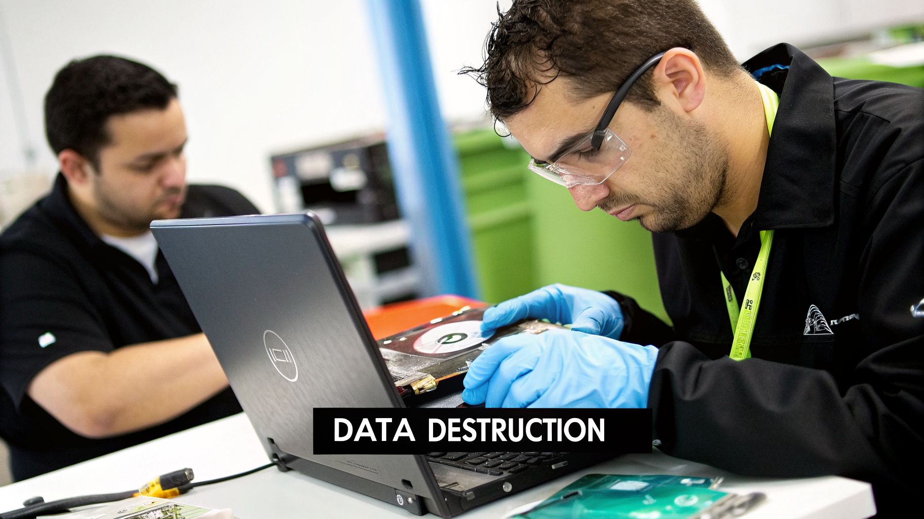 A man in safety glasses and blue gloves disassembling a hard drive next to a laptop.