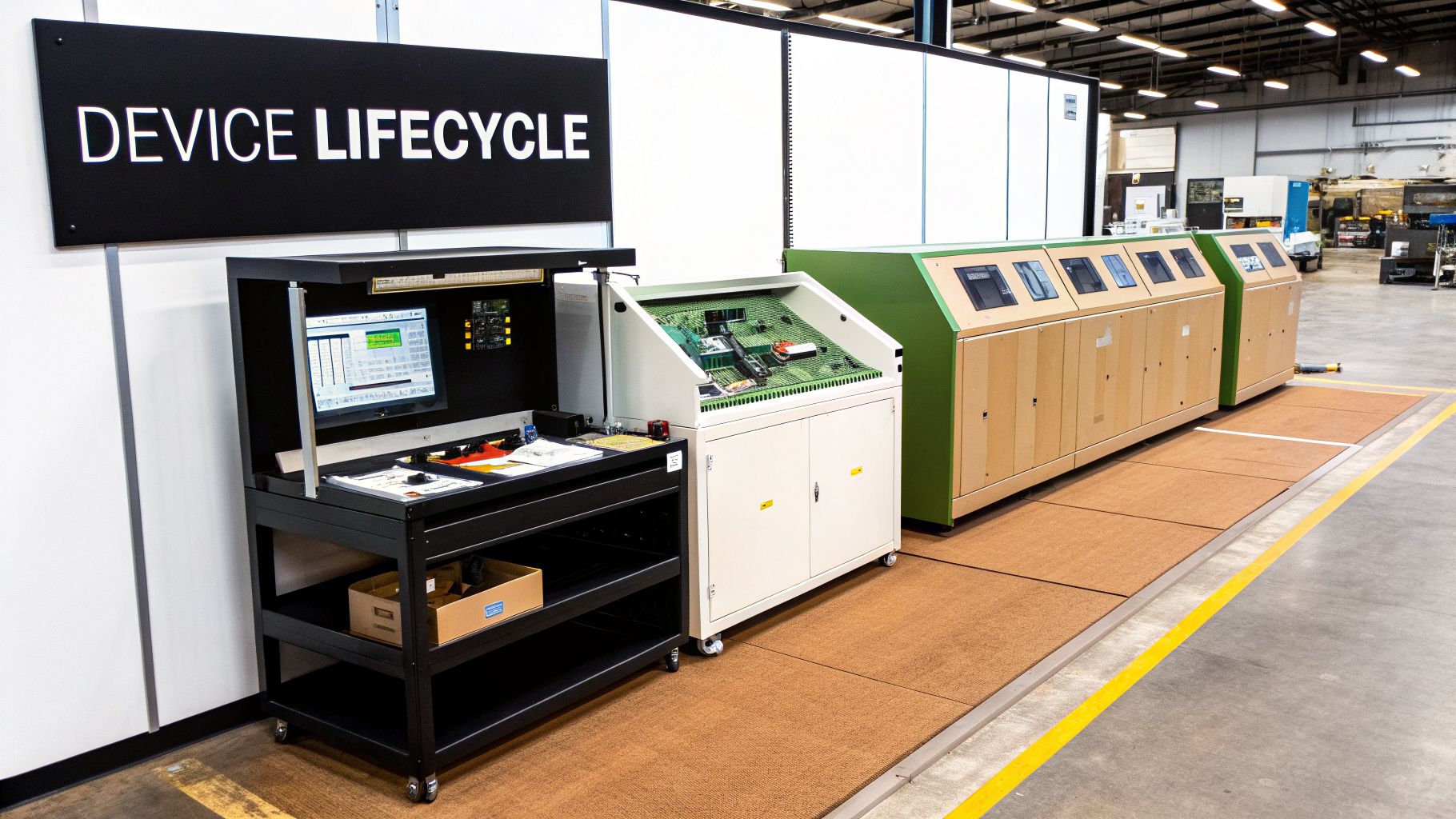 An industrial facility features a 'DEVICE LIFECYCLE' sign, electronics testing equipment, and processing machines.