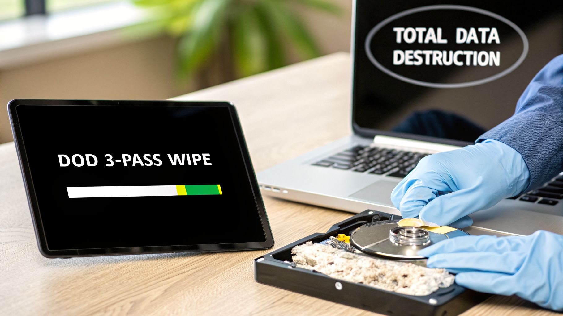 Gloved hands physically destroying a hard drive while screens display data wiping processes.