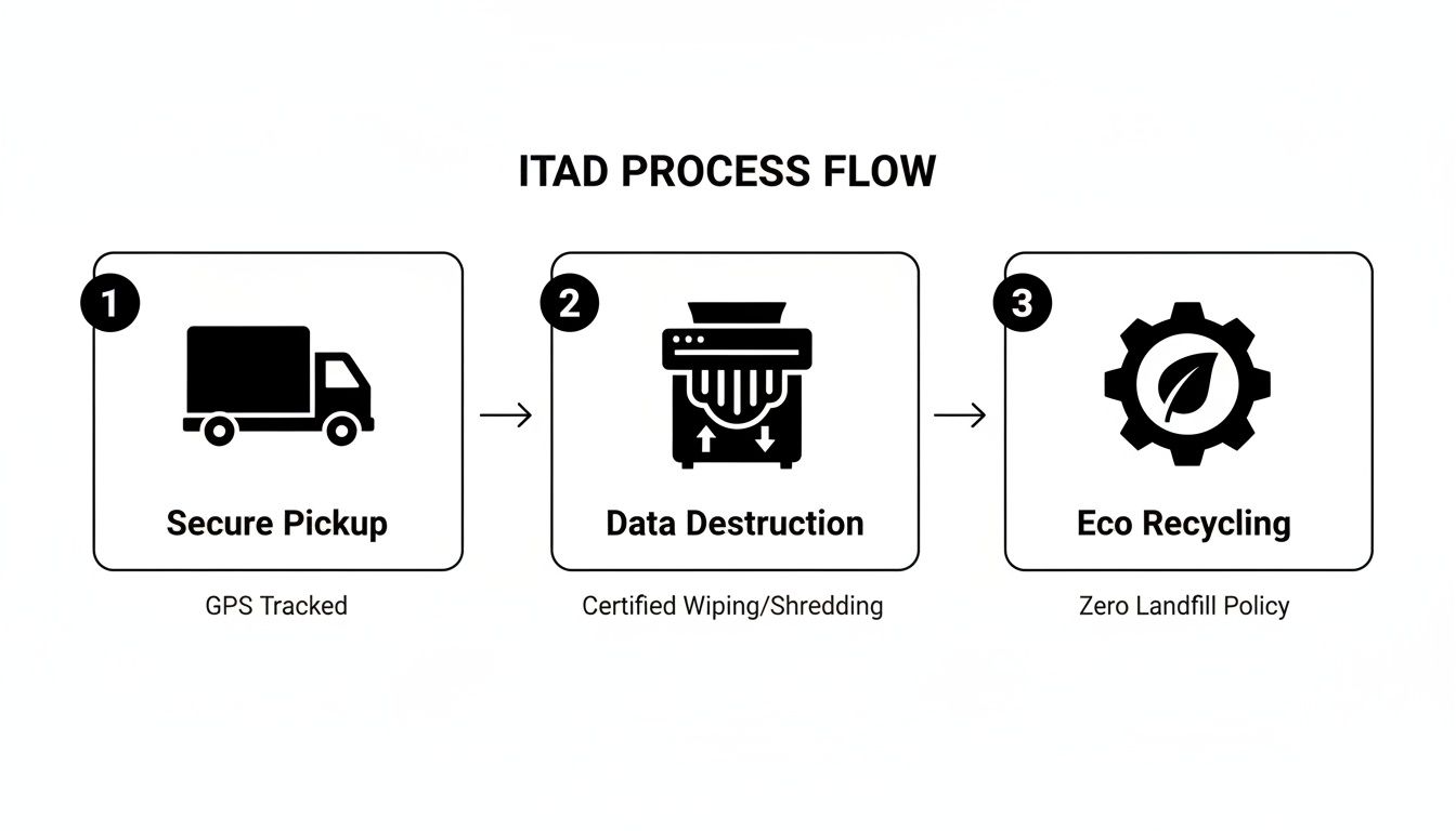 ITAD process flow diagram illustrating secure pickup, data destruction, and eco-recycling steps for IT assets.