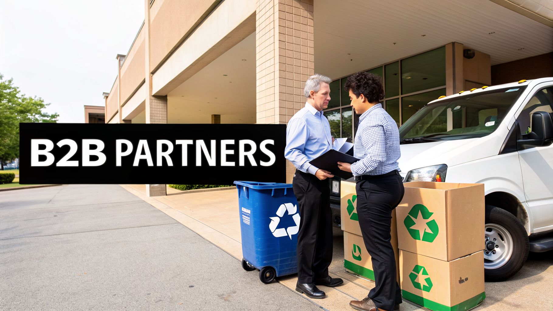 Two men, possibly business partners, discuss documents next to a delivery van, recycling bins, and boxes.