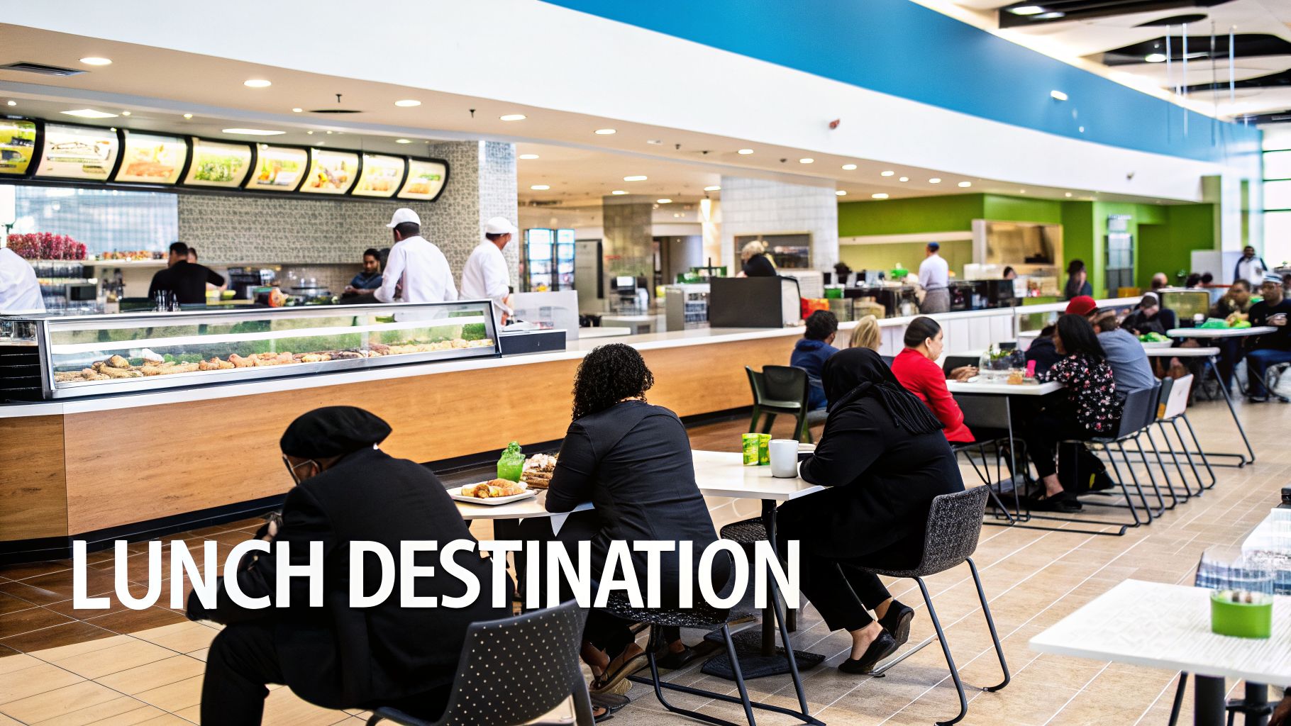 People enjoying lunch in a spacious, modern food court with diverse food options and active staff.